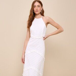NWOT Lulus Perfectly Serene White Eyelet Ruffled Tie-back Midi Dress - Size L